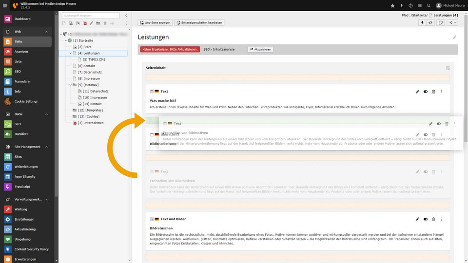 Ein Bild, das zeigt, wie Sie in TYPO3 Seiteninhalte innerhalb einer Seite verschieben